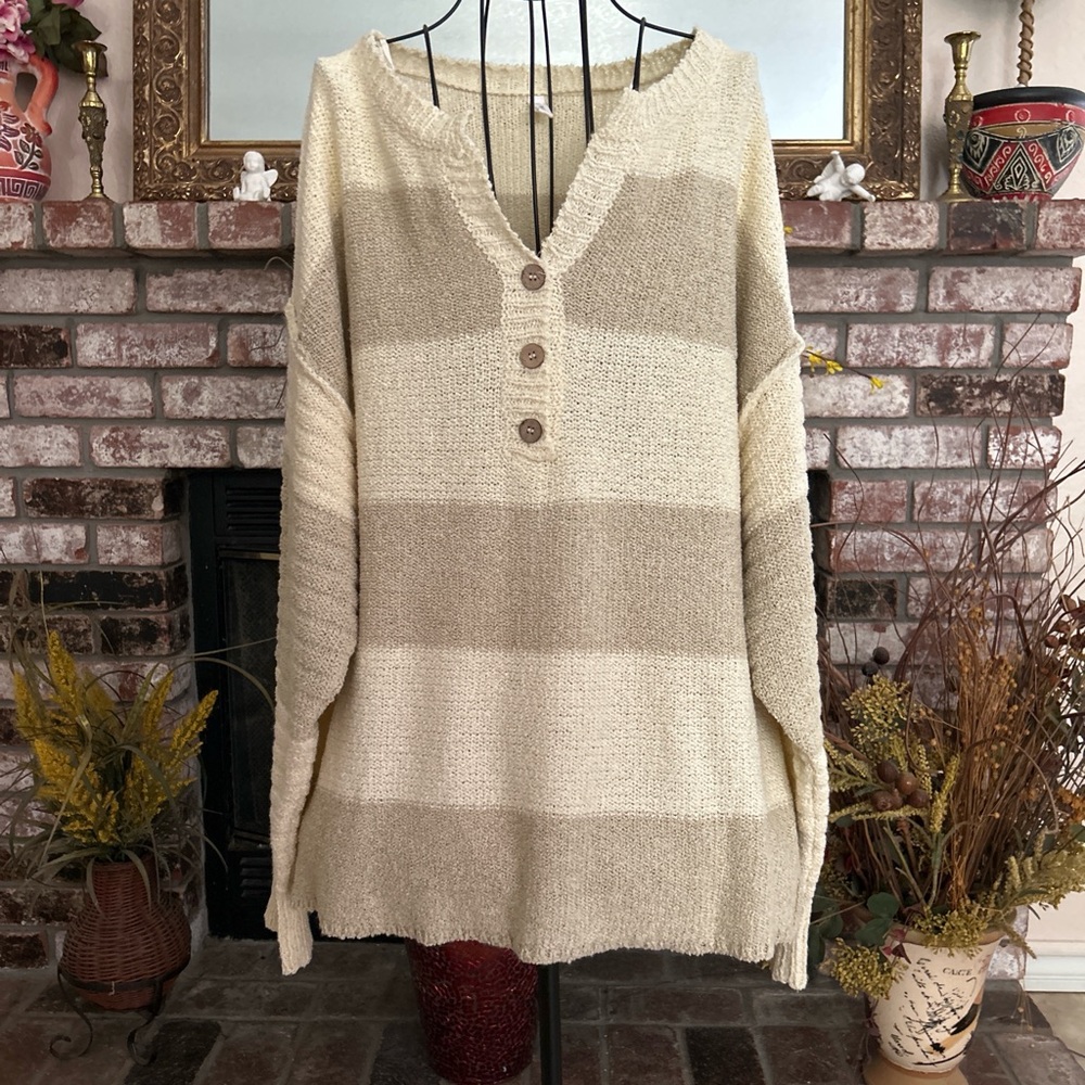 Wishlist Strip Henry Sweater Oversized V-Neck Pullover With Chunky Stripes